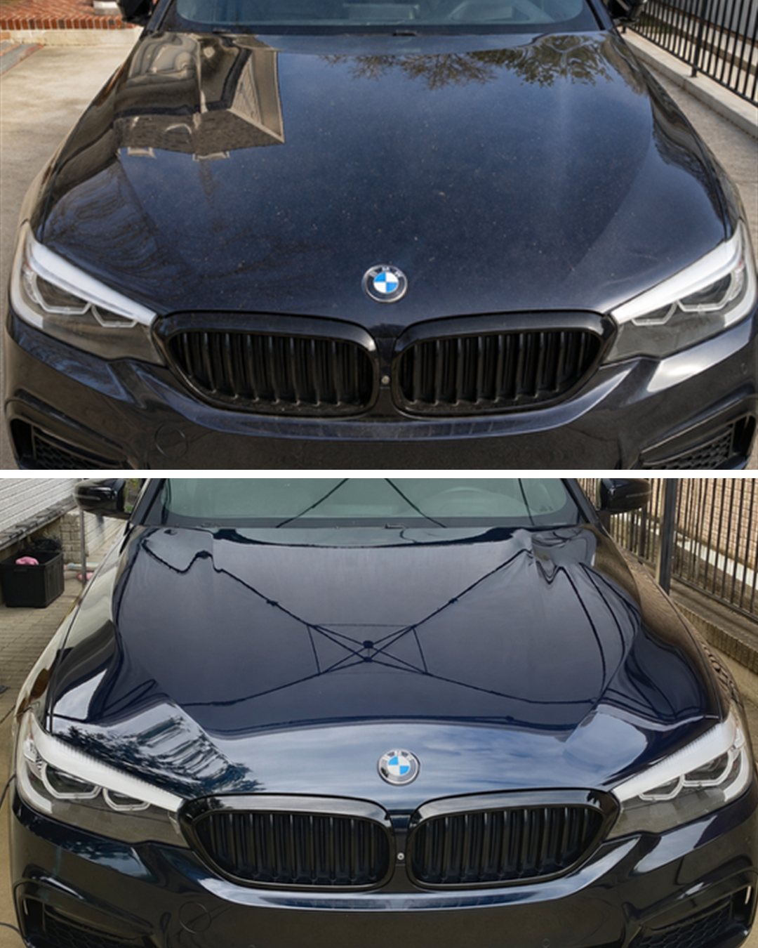 Black BMW 5 Series before and after an exterior detail — dusty, water-spotted hood on top; deep mirror-gloss finish on the bottom