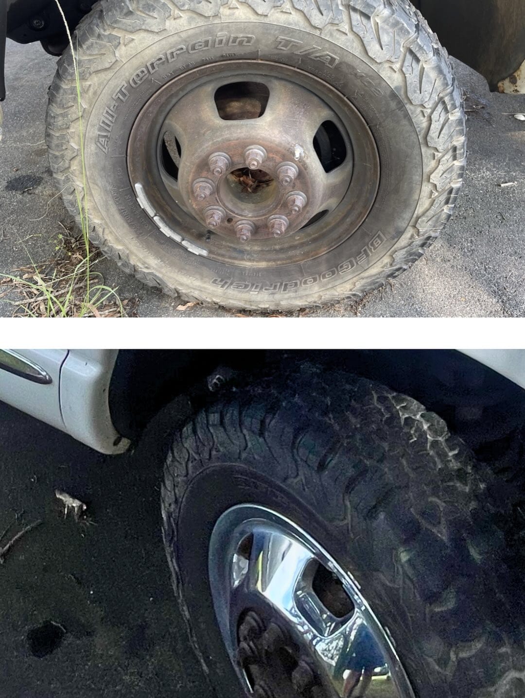 RAM truck wheel before and after — caked-on dust and rust on top, clean polished chrome on the bottom